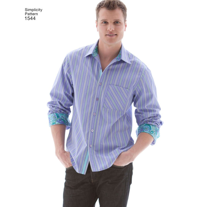 Against a plain white backdrop, a man in a striped purple shirt with paisley cuffs and rolled sleeves confidently showcases the Super Cheap Fabrics' Simplicity S1544 pattern for men's button-front shirts, paired effortlessly with dark jeans.