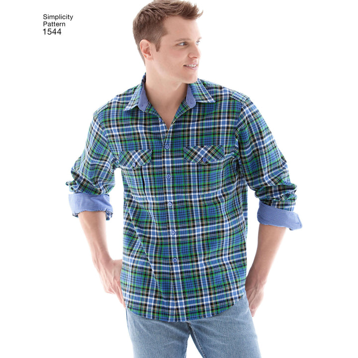 A man in a blue and green plaid shirt with rolled-up sleeves and light blue jeans smiles, looking right against a white background. In the top left corner, text reads "Simplicity S1544 Pattern," showcasing Super Cheap Fabrics' customizable men's button-front shirts.