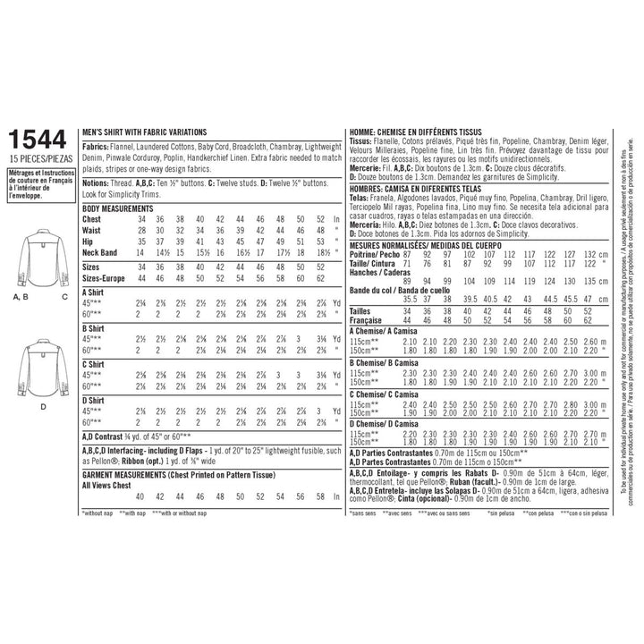 Explore the Simplicity Pattern S1544 from Super Cheap Fabrics, a detailed guide for making a men’s shirt. It includes size charts in inches and centimeters and offers 15 fabric variations, with instructions in English, French, and Spanish for creative customization.