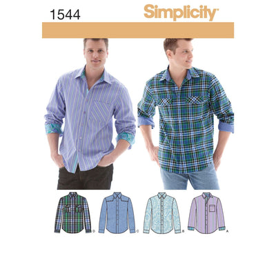 Two men showcase stylish button-front shirts made from Super Cheap Fabrics' Simplicity S1544 Men's Shirt Pattern. One wears light purple stripes, the other blue and green plaid. Explore creative customization with four illustrated styles: plaid, light blue, paisley, and stripes.