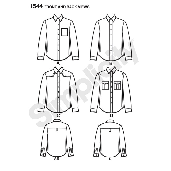 Four men's button-front shirt designs from Super Cheap Fabrics' Pattern - Simplicity - S1544: Design A has a chest pocket, B is plain, C features shoulder accents, and D boasts two chest pockets and shoulder adornments.