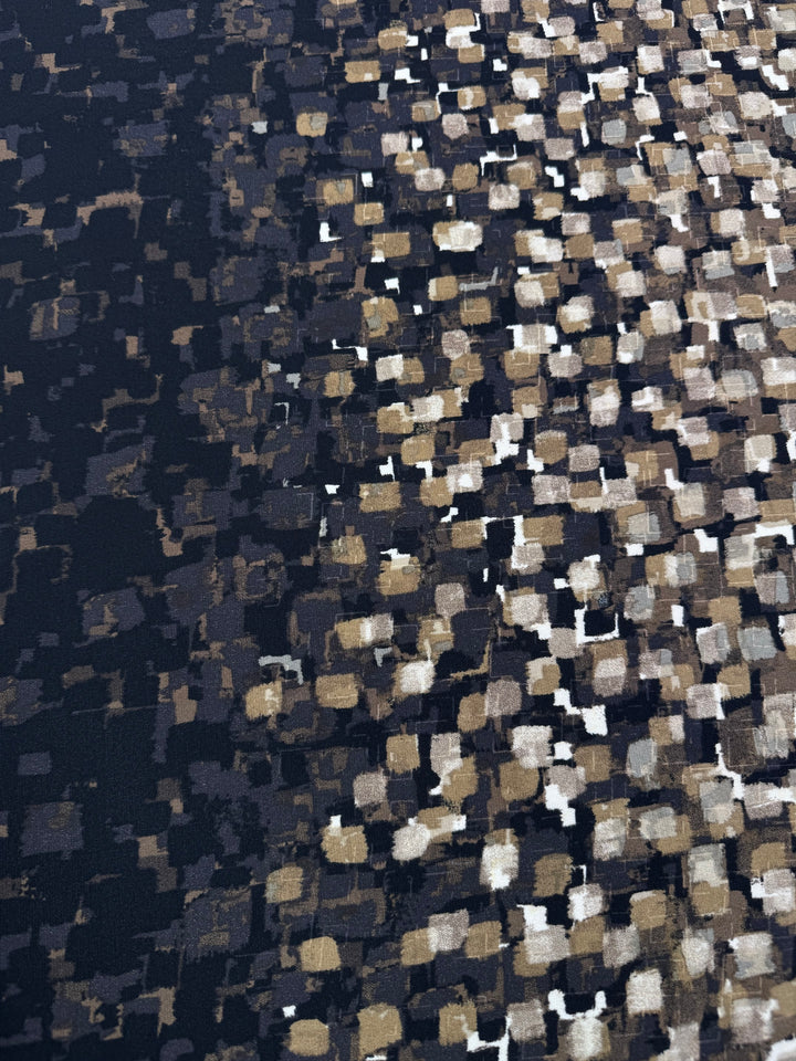 The Designer Lycra Panel - 90cm Panel by Super Cheap Fabrics features a pixelated pattern of small, irregular squares in brown, beige, gray, and black. Available in various lengths to fit your design needs.