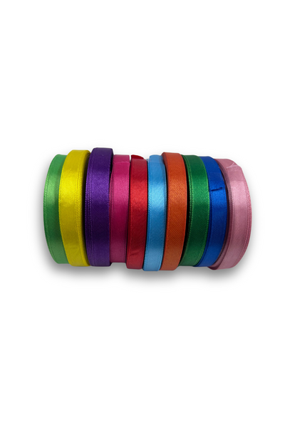A set of 10 colourful 10mm satin ribbon spools (21mt each) by Super Cheap Fabrics is displayed on a white background.