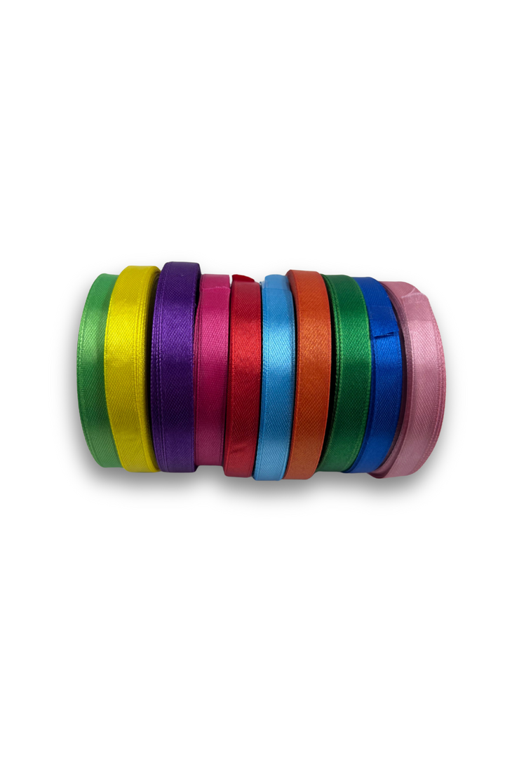 A set of 10 colourful 10mm satin ribbon spools (21mt each) by Super Cheap Fabrics is displayed on a white background.