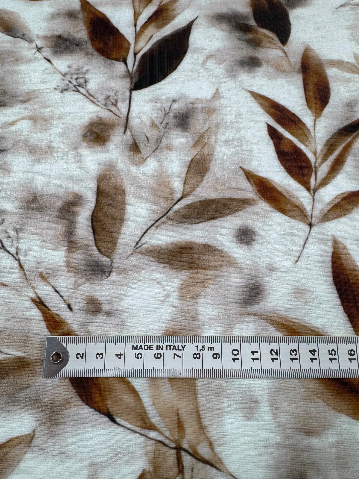Mocha Leaves printed linen blend fabric weave detail