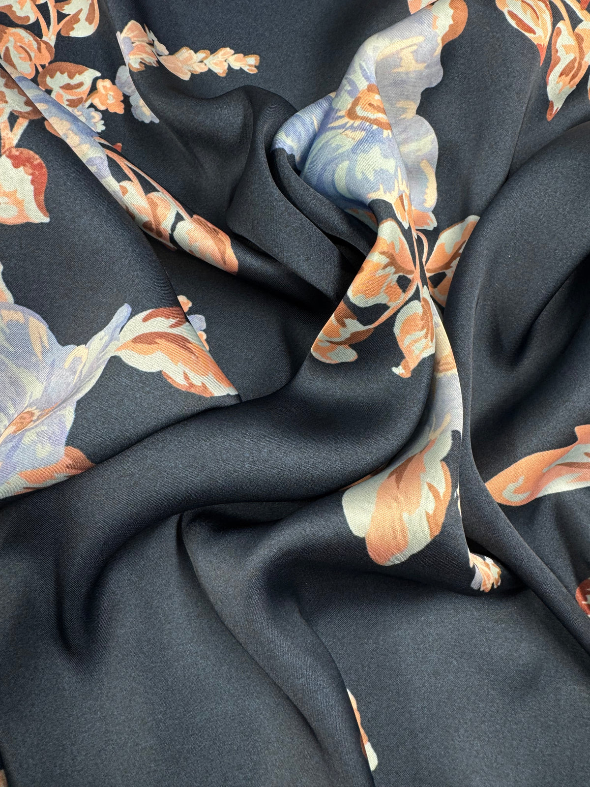 Navy Spring printed satin fabric - view 2