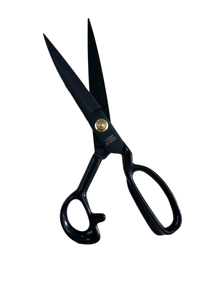 The Super Cheap Fabrics Tailor Scissors 9” Dressmaking Shears feature black manganese steel blades, one open and one closed, with large ergonomic handles and a gold central screw, isolated on a white background.