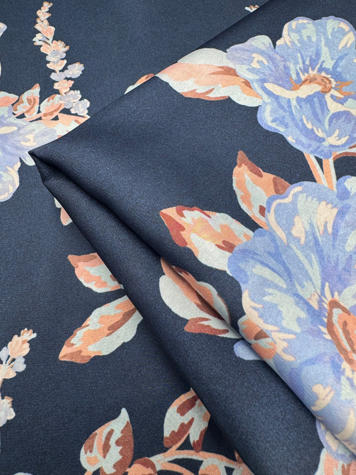 Navy Spring printed satin fabric