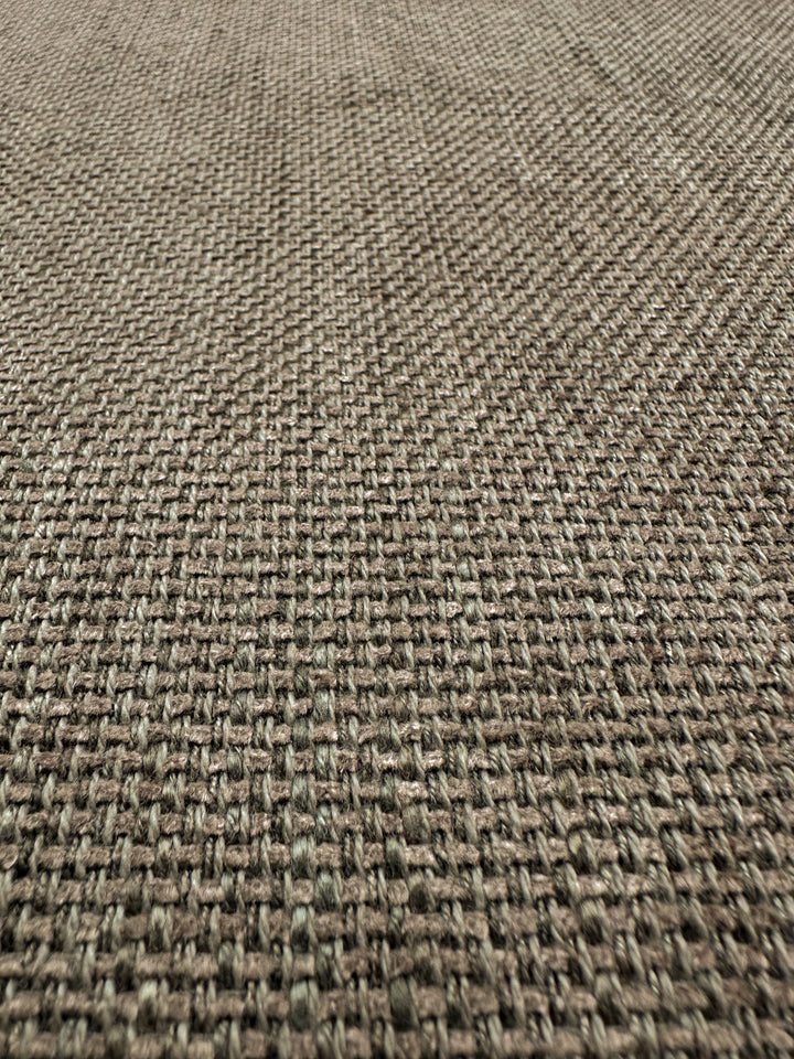 Close-up of Super Cheap Fabrics' Textured Woven Upholstery - Osaka Clay (143cm), highlighting its coarse, heavy weave and detailed brown and tan interlacing threads.
