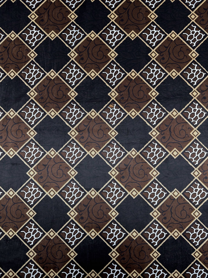 Regal Lattice by Super Cheap Fabrics features brown diamond shapes with gold borders and white lattice on a black background. Ideal for medium weight velvet, DD Velvet - Regal Lattice - 154cm is perfect for your next project.