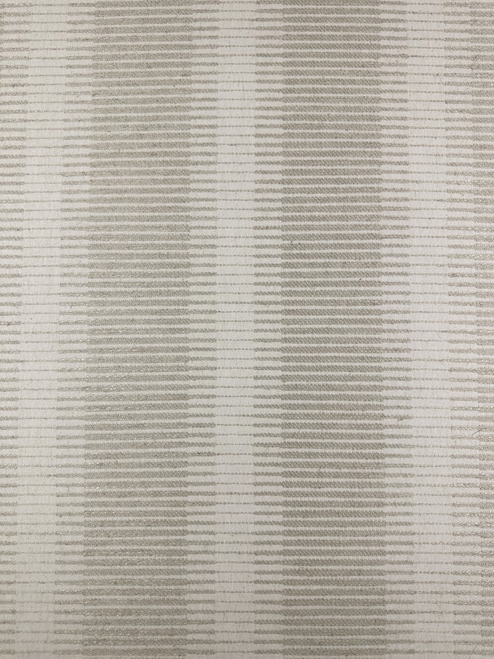 Close-up of Melmoth Stripe Nat, a textured jacquard upholstery fabric in light gray and off-white horizontal stripes―142cm wide from Super Cheap Fabrics—ideal for premium drapery or upholstery projects.