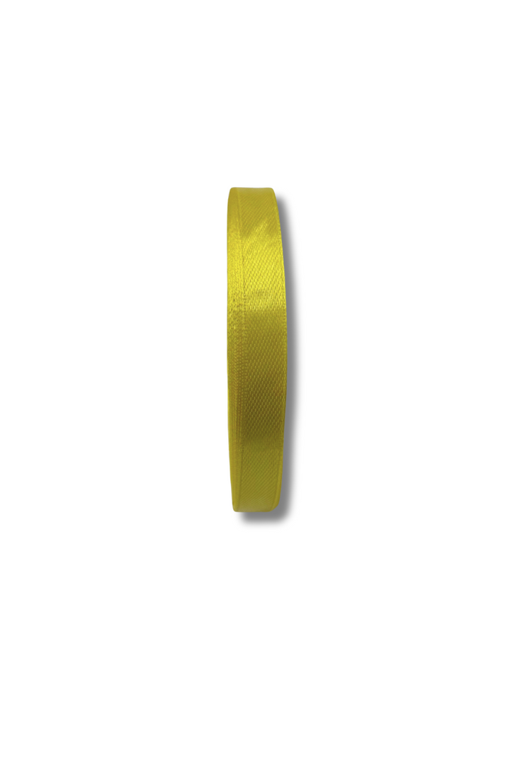 A single spool of Super Cheap Fabrics Satin Ribbon (10mm wide, 21m long) in yellow is shown from the side against a plain white background.