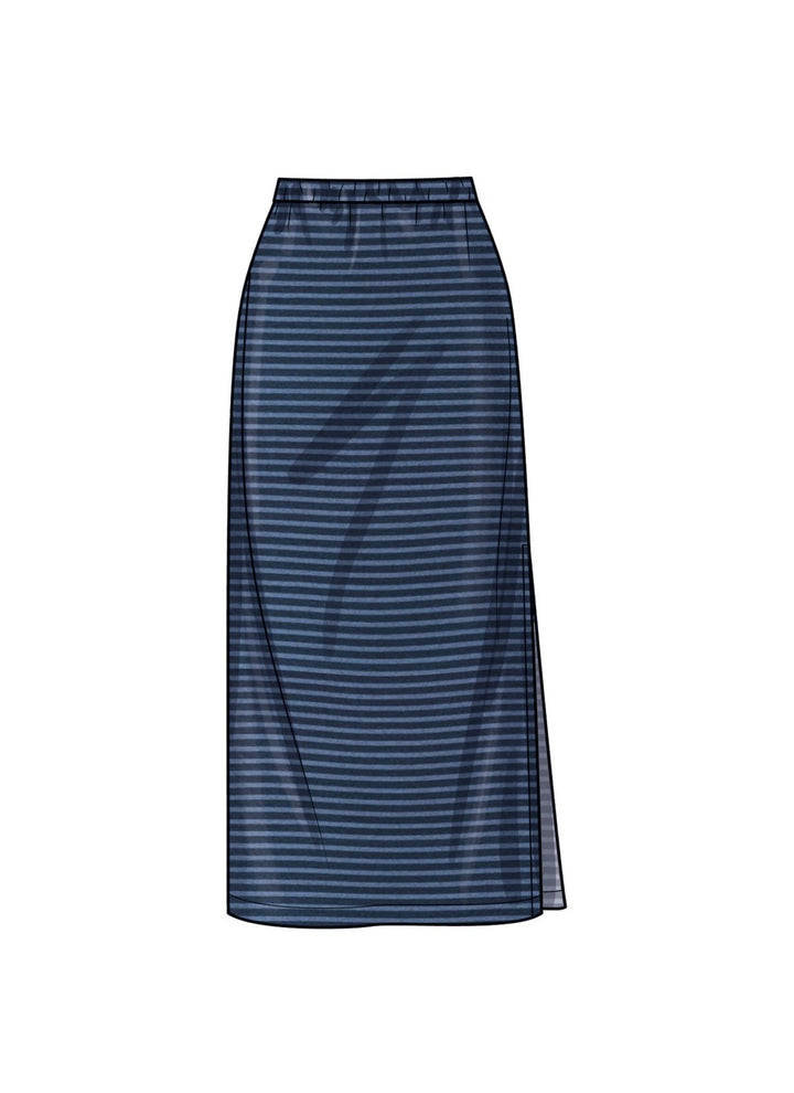 The Pattern - NEW LOOK 6782 by Super Cheap Fabrics features a navy ankle-length skirt with thin light blue stripes in a slightly sheer, lightweight fabric—ideal for chic midi sets or pairing with stretch knit tops. Displayed on a plain white background.