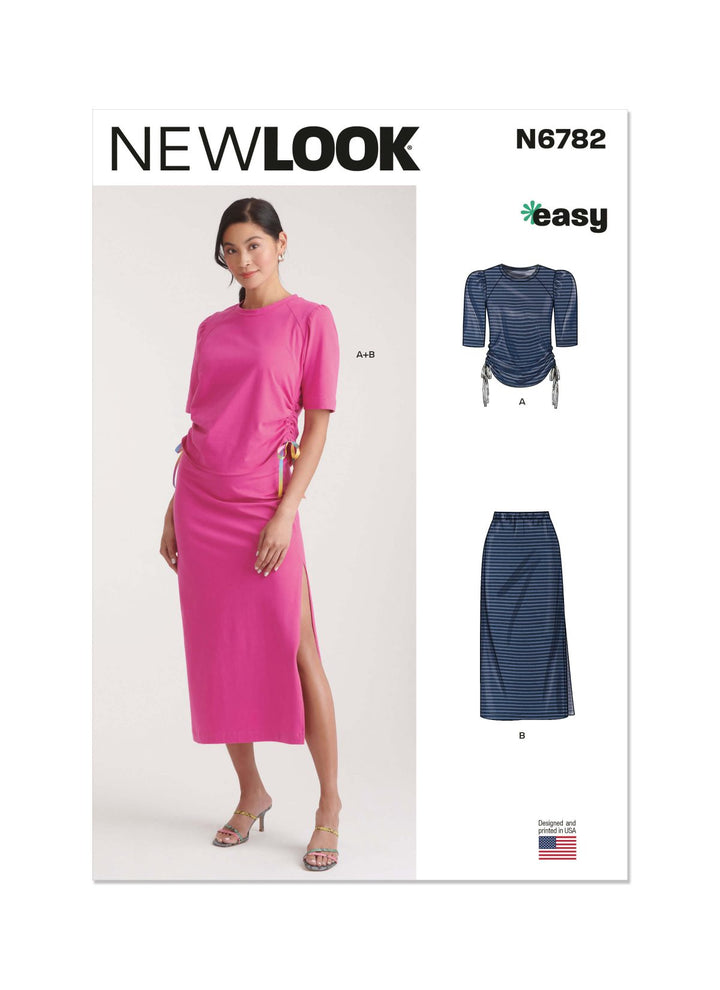 Super Cheap Fabrics’ Pattern - NEW LOOK 6782 features an easy misses’ stretch knit top and skirt, including a bright pink midi set with side slit plus images of a ruched navy top and matching skirt on the cover.