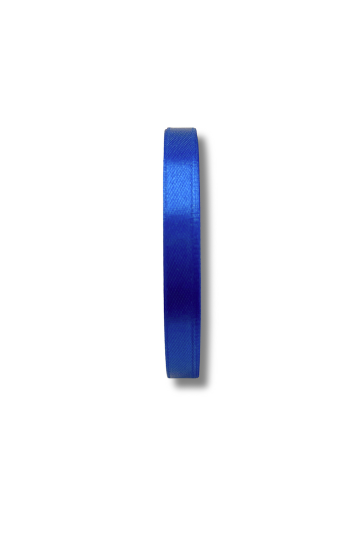 A single roll of Super Cheap Fabrics Satin Ribbon - 10 Colours - 10mm is displayed upright on its edge against a plain white background.