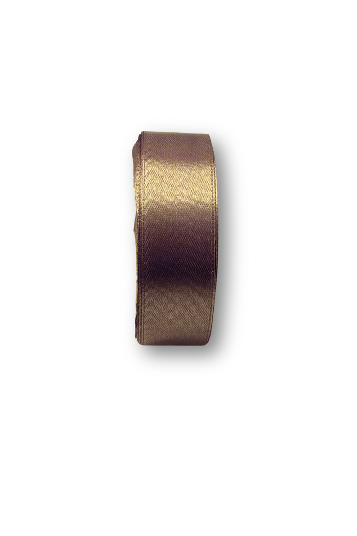The image displays Super Cheap Fabrics' Satin Ribbon (25mm width, metallic gold), from their 16 colour range, standing upright against a plain white background.