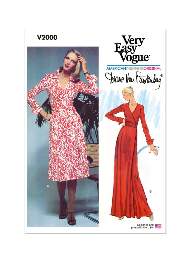 The Vogue V2000 pattern by Super Cheap Fabrics features Diane von Furstenberg’s classic Misses’ wrap dress, showcased on a vintage cover with "Very Easy Vogue" and an illustration of a floor-length red dress.