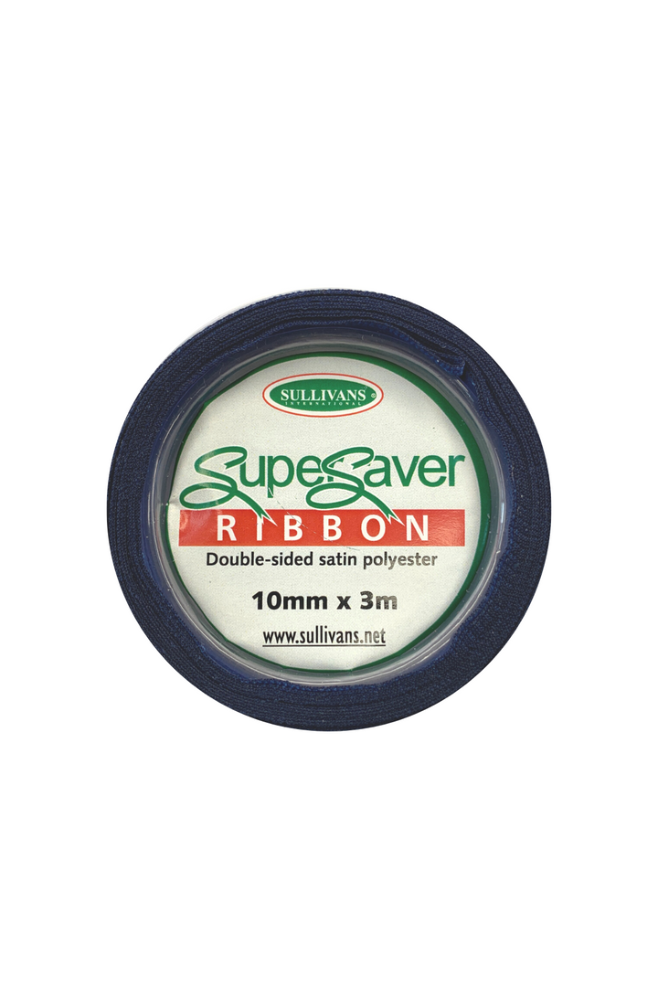 A roll of dark-colored Ribbon - 12 Colours, available in 12 colors. The label indicates it is double-sided satin polyester, 10mm wide, and 3 meters long. The brand's website, supercheapfabrics.com.au, is also listed.