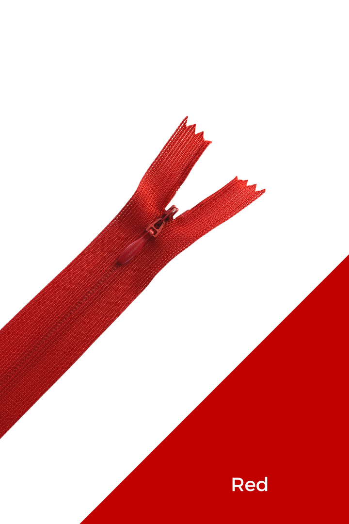 The Invisible Zip - 30cm - Pinks & Reds by Super Cheap Fabrics is a red, 100% polyester invisible zipper, partially unzipped on a white background with a diagonal red corner labeled "Red," offering durability and smooth movement.