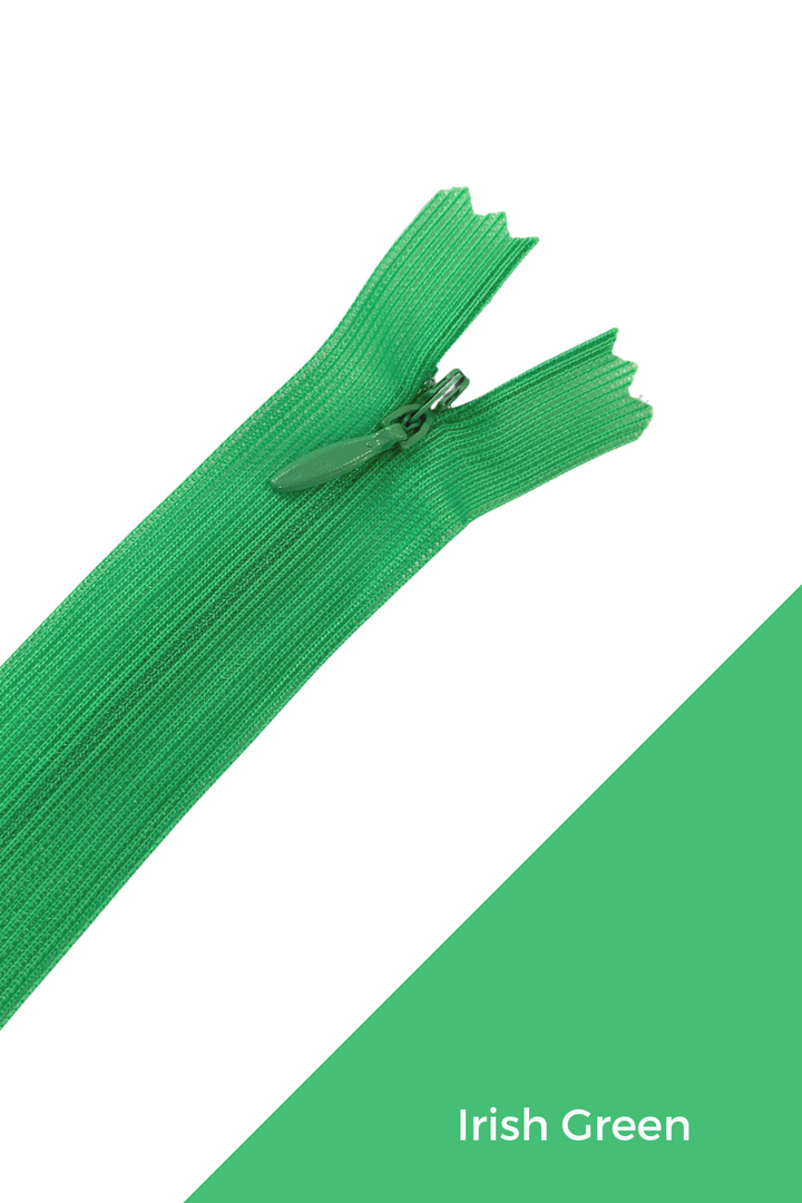 A 30cm green Invisible Zip by Super Cheap Fabrics is partially unzipped against a white and green backdrop, with “Irish Green” text in the corner.