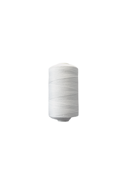 A spool of Super Cheap Fabrics Thread - White, 1000 meters of spun polyester, stands upright against a plain white background.