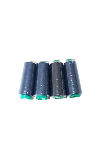Four navy overlocking thread spools (2000m each) by Super Cheap Fabrics are lined up against a white background. This 4 Pack Overlocking Thread - Navy set is ideal for sewing projects.