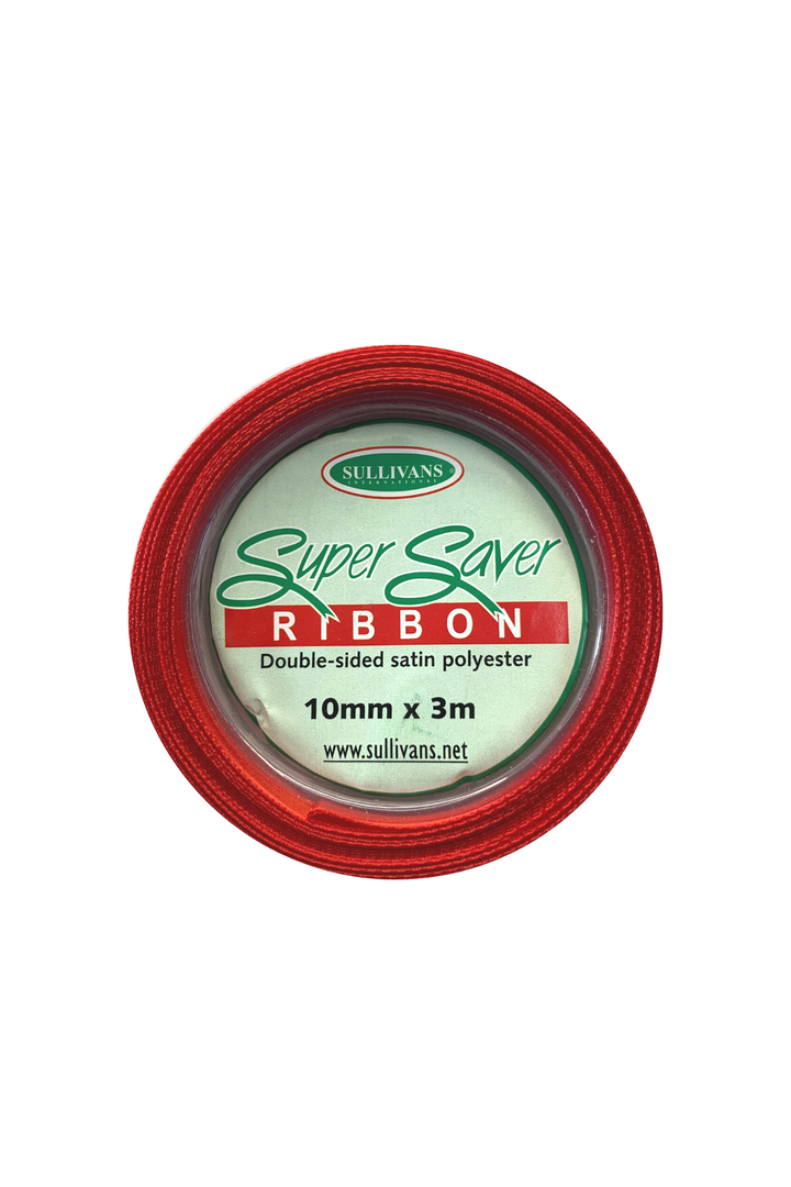 A roll of Super Cheap Fabrics Ribbon - 12 Colours is shown. This double-sided satin polyester ribbon is red and measures 10mm wide by 3 meters long. Available in 12 colours, the label includes the website www.sullivans.net.