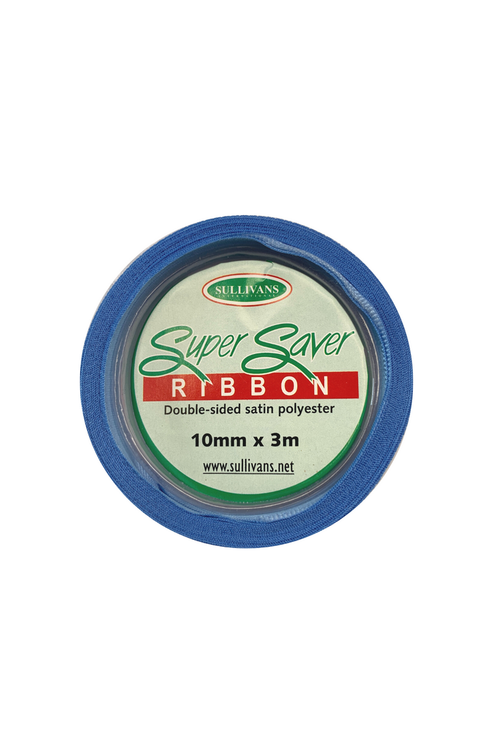 A spool of Super Cheap Fabrics Ribbon - 12 Colours features luxurious double-sided satin polyester, available in blue and 11 other vibrant colors. Measuring 10mm wide and 3 meters long, the ribbon's center label includes product details and the website URL www.sullivans.net for more information.