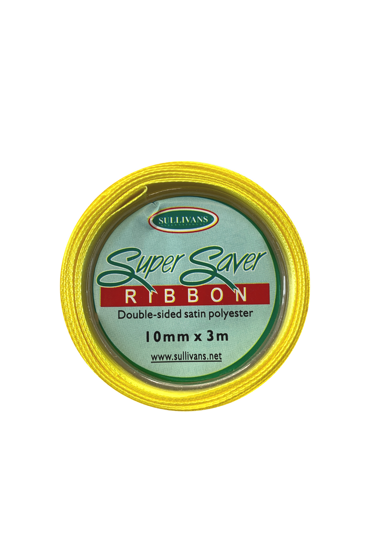 A roll of bright yellow double-sided satin polyester ribbon from Super Cheap Fabrics, labeled "Ribbon - 12 Colours." Available in 12 colors, the ribbon is 10mm wide and 3 meters long. The label is green with red and white text, with the website www.sullivans.net displayed at the bottom.