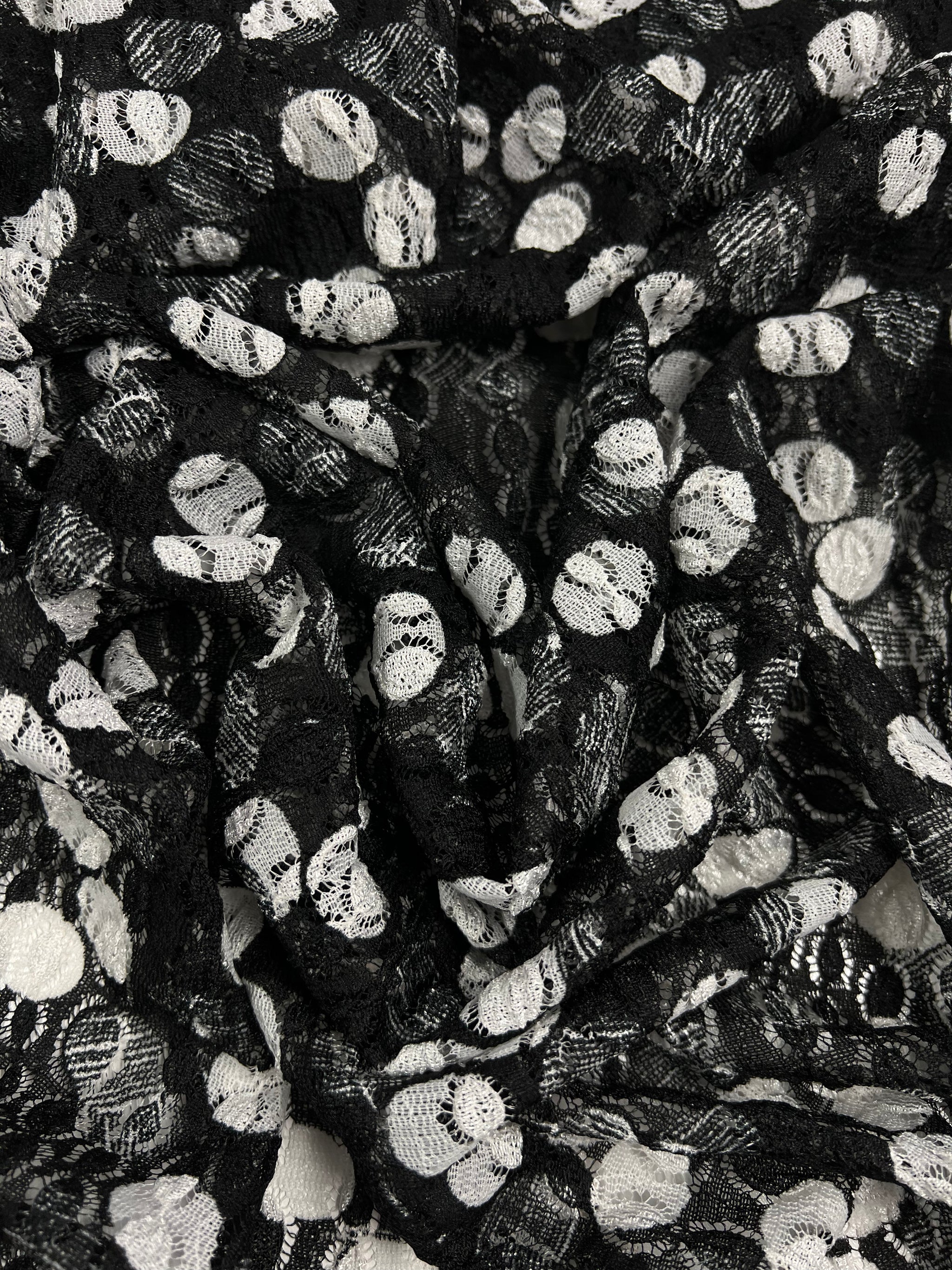 A close-up image of a black, sheer mesh fabric with swirling patterns, decorated with white polka dots. The delicate lace texture appears intricate, with the interplay of black and white creating a striking contrast. The fabric is 
